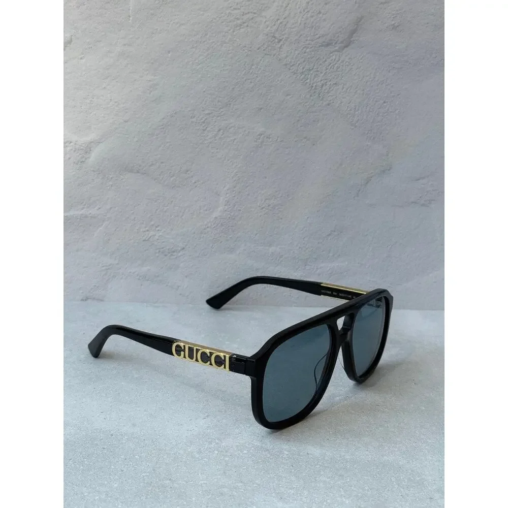 NEW Gucci GG1188S Black Blue Gold Logo Aviator Sunglasses